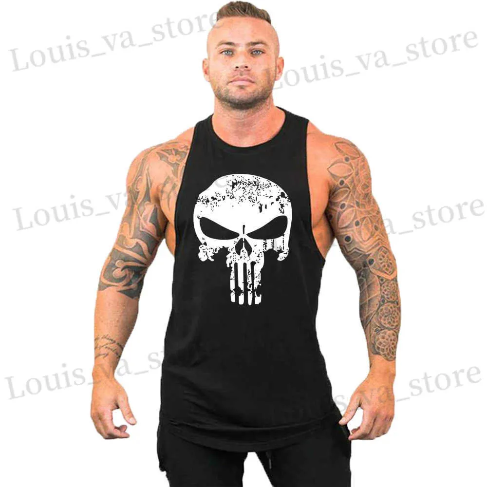 Herren-T-Shirts neuer heißer Verkauf Herren Schädel bedrucktes Tanktop atmungsaktueller Kühlweste Running Hemd Baumwolle Ts Bodybuilding Singulett Slveless T240419