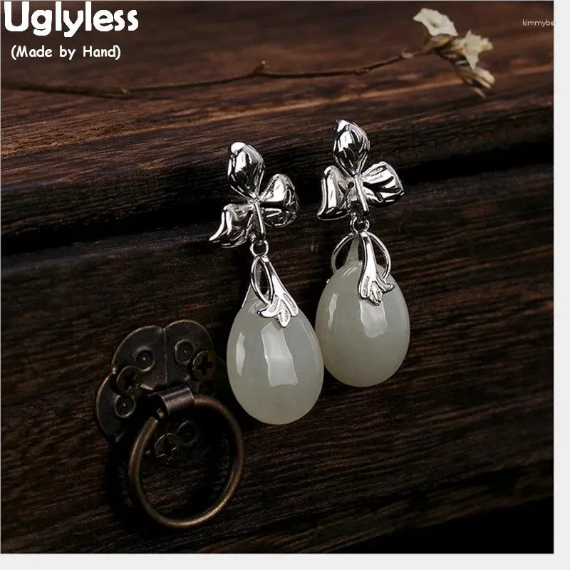 dangle earrings uglyless Real 925 Sterling Silver Handmade Leaves for Women Natural Jade Water Drop Thai Fine Jewelry