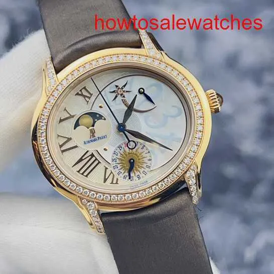 Womens Ap Forist Watch Millennium Series Women Watch 77315OR Оригинальное алмазное розовое золото динамическое лунное фазовое дисплей Автоматические механические часы 39 мм