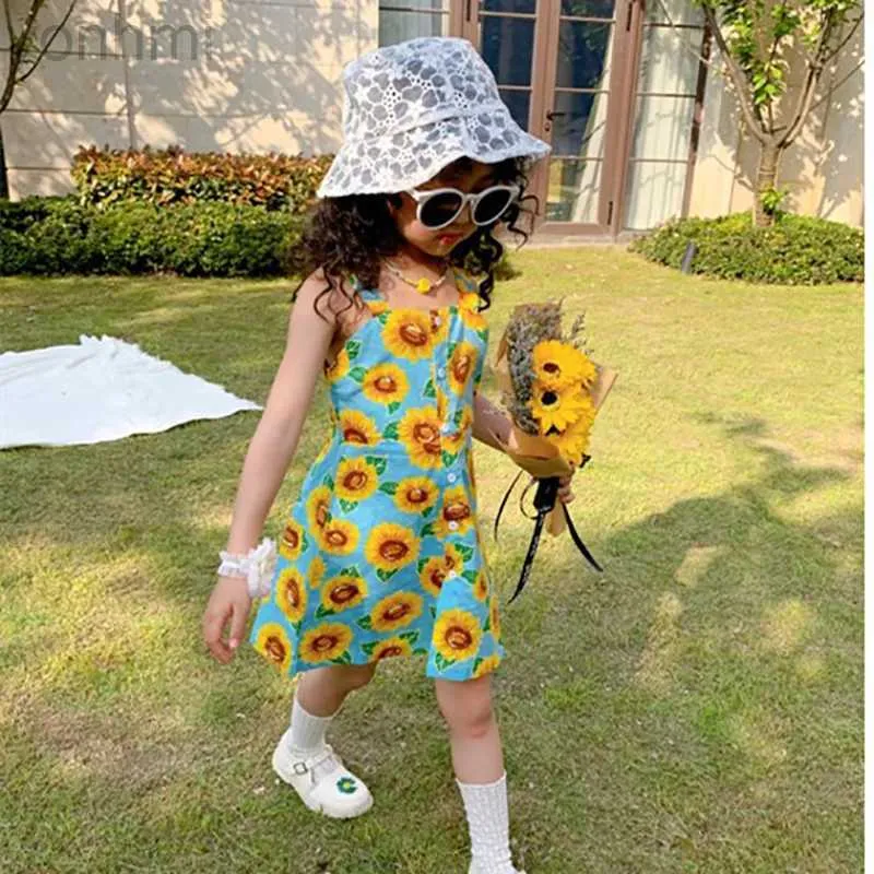 Flickans klänningar 2024 Summer Girls A-Line Dresses Sunflower Little Fresh Tank Top Thin Princess Dress Kids Outwear Clothing D240419