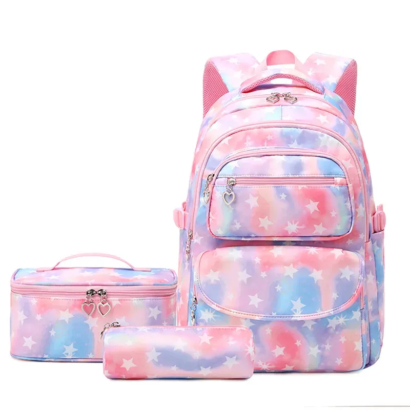 Sacs Cartoon Star Impringing Girls School Backpacks Children Schoolbag pour Girl Princess Backpack With Lunch Case Kids Bookbag Satchels