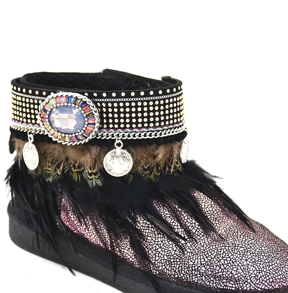 Barefoot Sandals Boho Anklet bracelet Gypsy Barefoot vintage coin charm tobilleras Black feather tassel charm Ankle bareclets