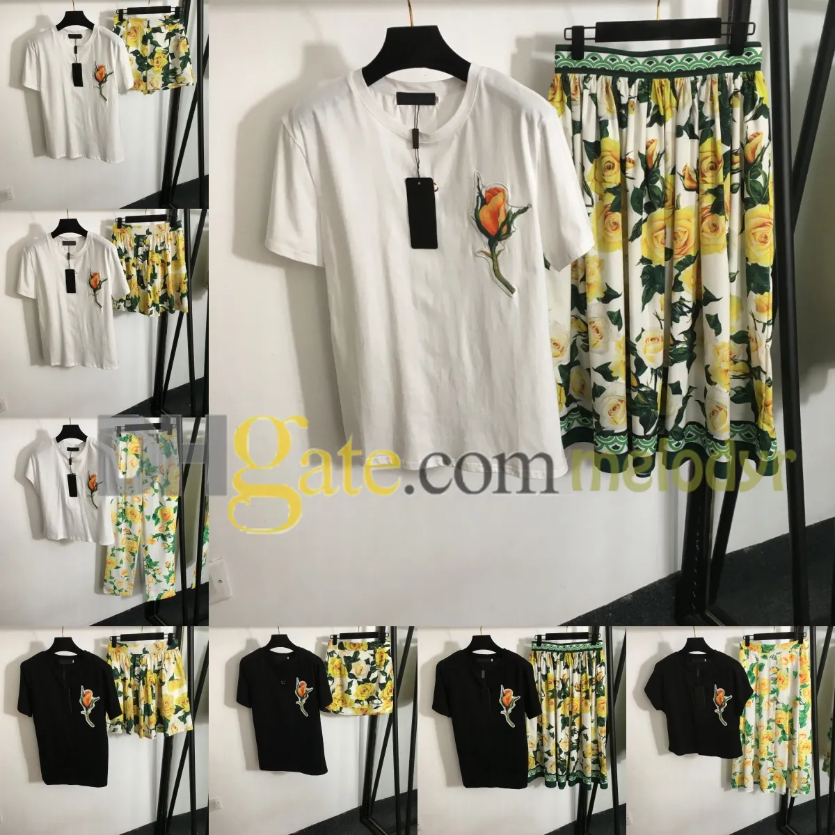 Broderie de luxe Tees Jupe plissée Ensemble d'été blanc tshirt tshirt haut fleur imprimer haute taille robes pour les fêtes designer deux pièces court