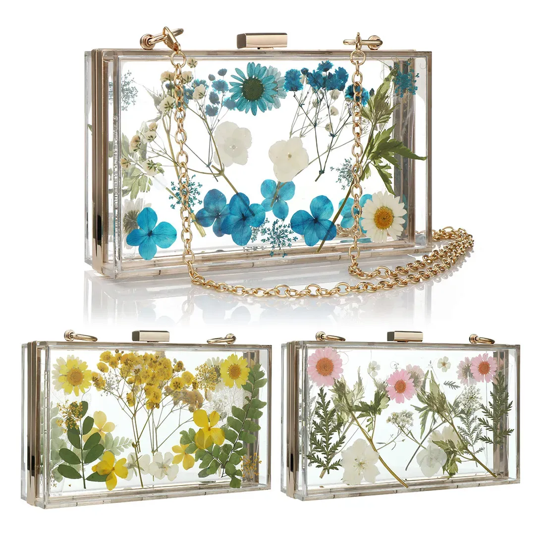 Ryggsäckar ins populära akryllåda väska koppling väska med kedja blommig crossbody väska kvinnor fest kväll väska transparent låda väska med blomma