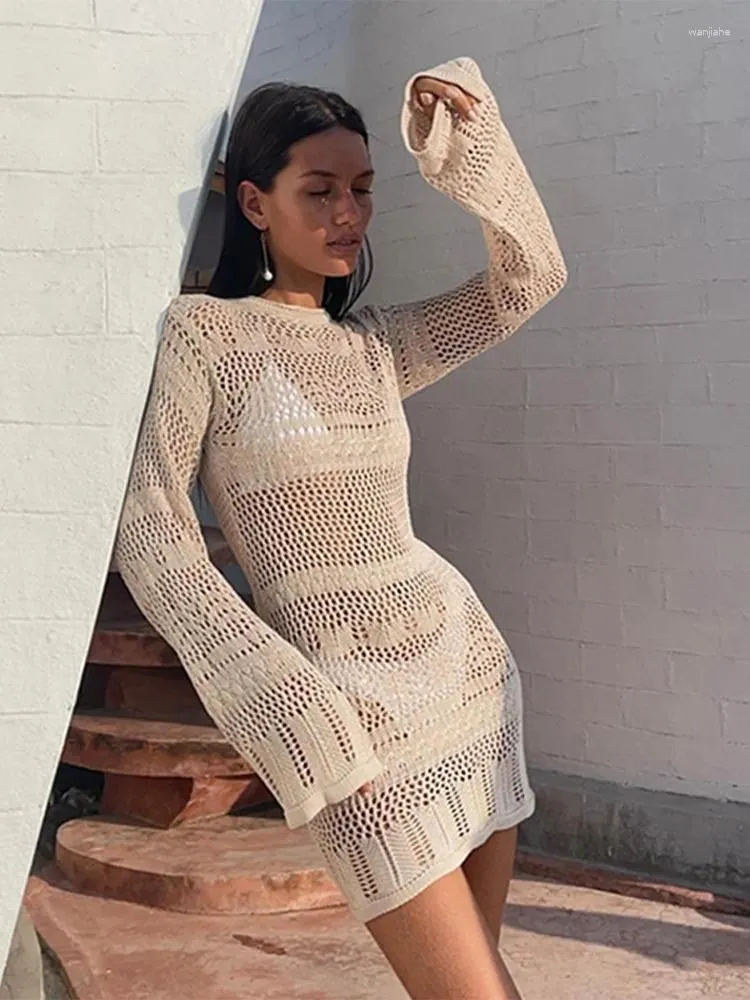 Casual Dresses Hollow Out Womens Summer Vacation Sun Protection Tight Knit Beach  Dress Long Sleeved Floral White from Dhgate Basic & Casual Dresses - price  33.76