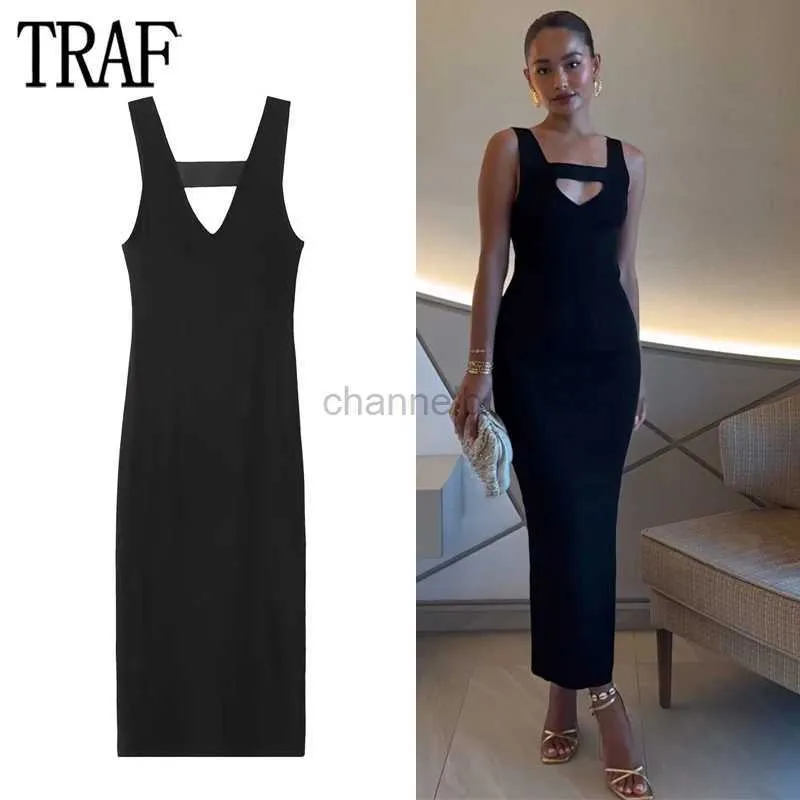 Basic Casual Dresses TRAF Black Slip Midi Dress Woman Bodycon Knitted Dresses for Women Beach Backless Female Dress Sexy Summer Dress Women 2023 240419