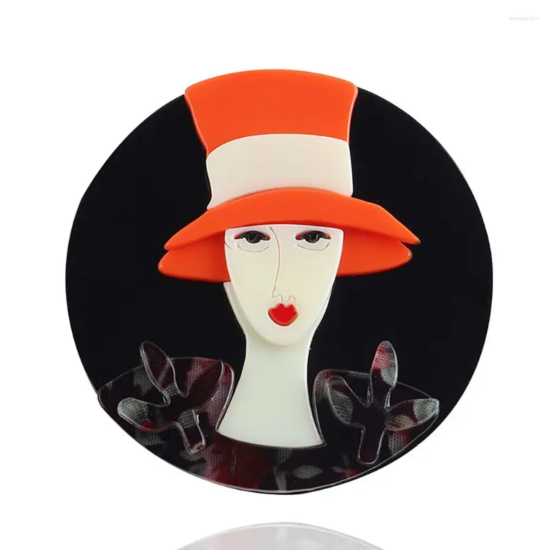 Spille Creative Design Creative Cappello Orange Elegant Lady Acrilic per donne Distintive per pin taglienti rotondi Distintivi per la moda della moda