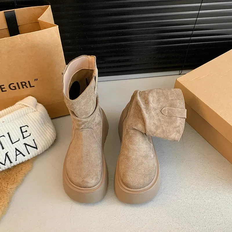 Suede Platform Ankle Boots For Women Mid Heel Walking Shoes Non Slip_voghion.com