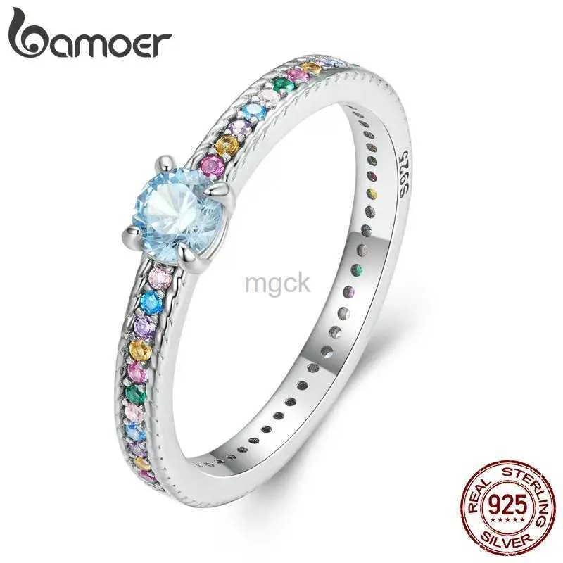 خواتم الزفاف Bamoer 925 Sterling Silver Multicolor Zircon Finger Finger for Women Strendy Fashion قوس قزح محاكاة Diamond Anillos Gift 240419