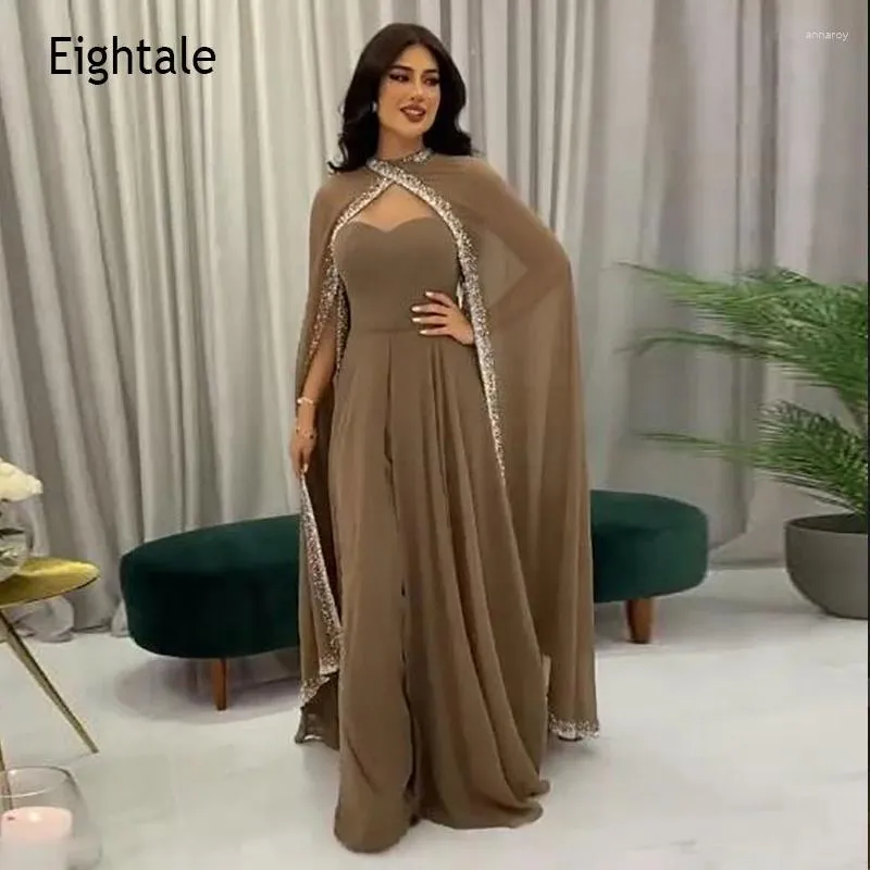 Party Dresses Eightale Arabic Evening Cape Sleeves Beaded Chiffon A-Line Mother Of The Bride Prom Gown Custom Made Dress