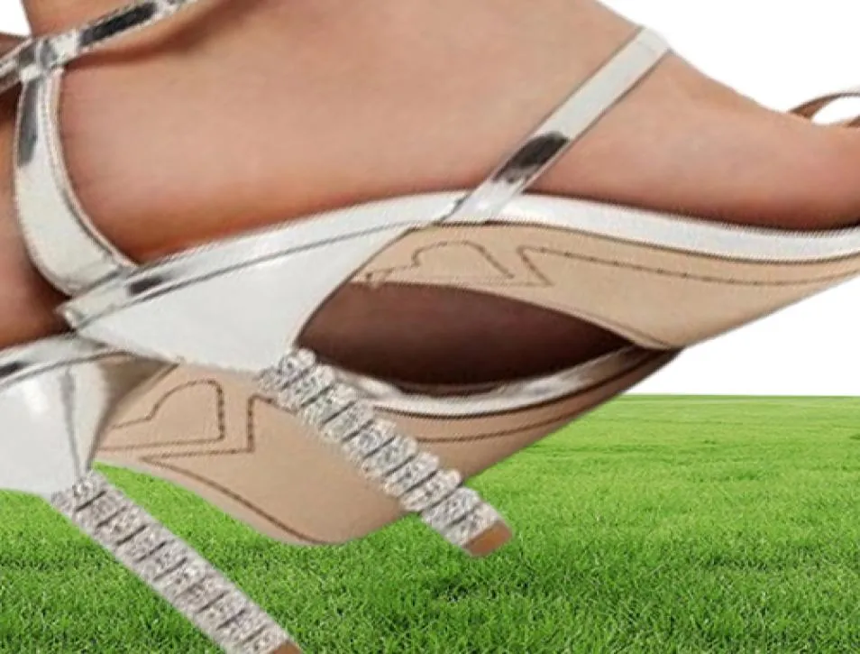 2019 Ladies Patent Leather Pattern Diamond Beed Stiletto High Heel vaste ornamenten Sophia Webster Sandals schoenen Silver 347199138