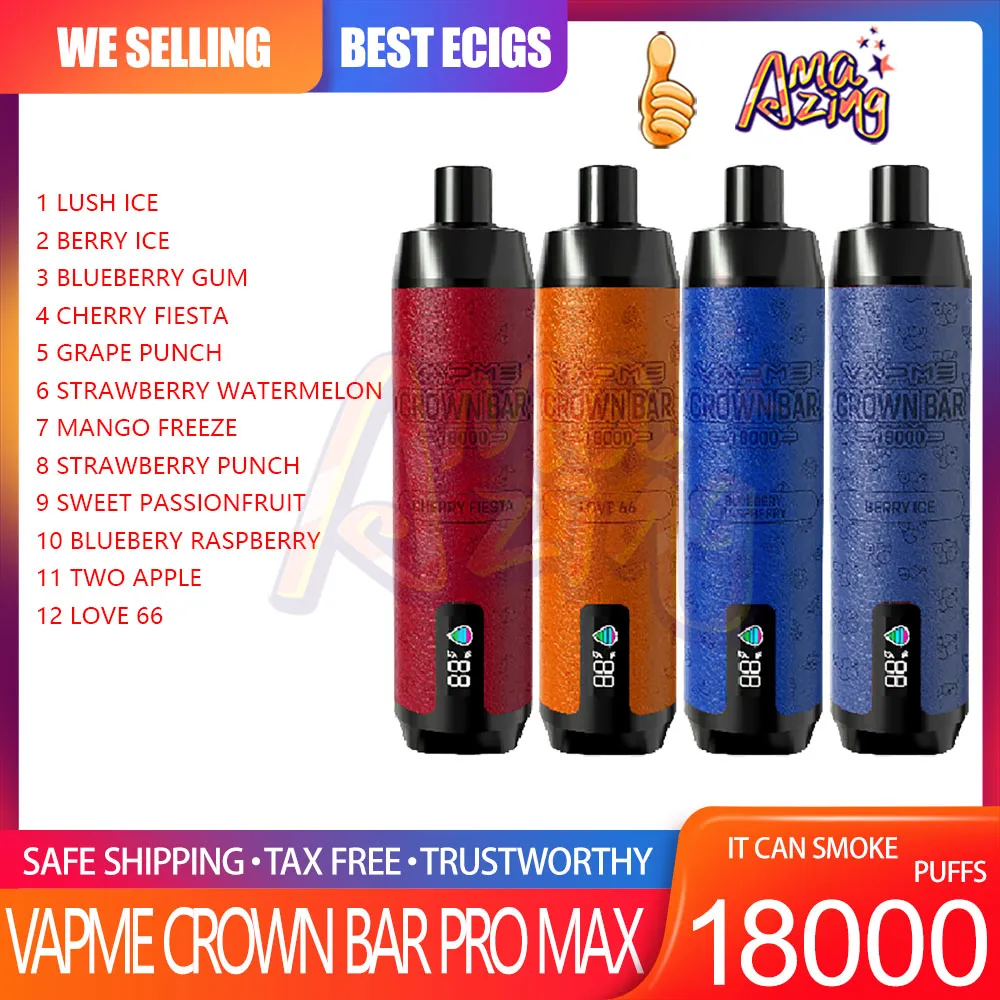 VapMe Crown Bar Pro Max 18000 Pen de vape jetable Puff 0% 2% 3% 5% 850mAh Batterie rechargeable 25 ml POD POFS 18K E Cigarettes 12 saveurs