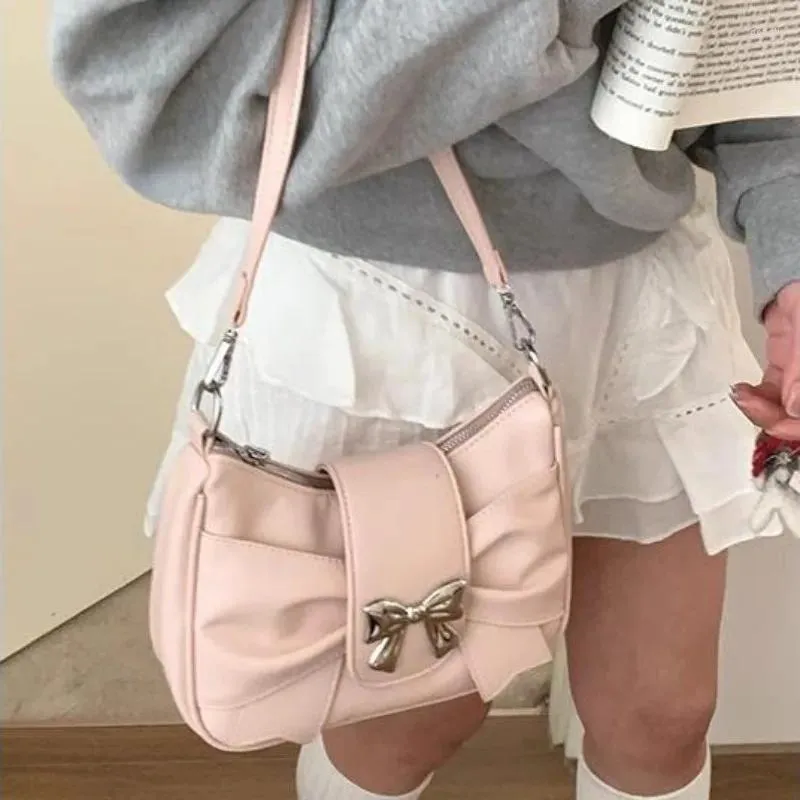 Shoulder Bags Xiuya Pink Bow Womens Bag Korean Fashion College Style Elegant Handbag Square Pleated Sweet Casual Leather Armpit