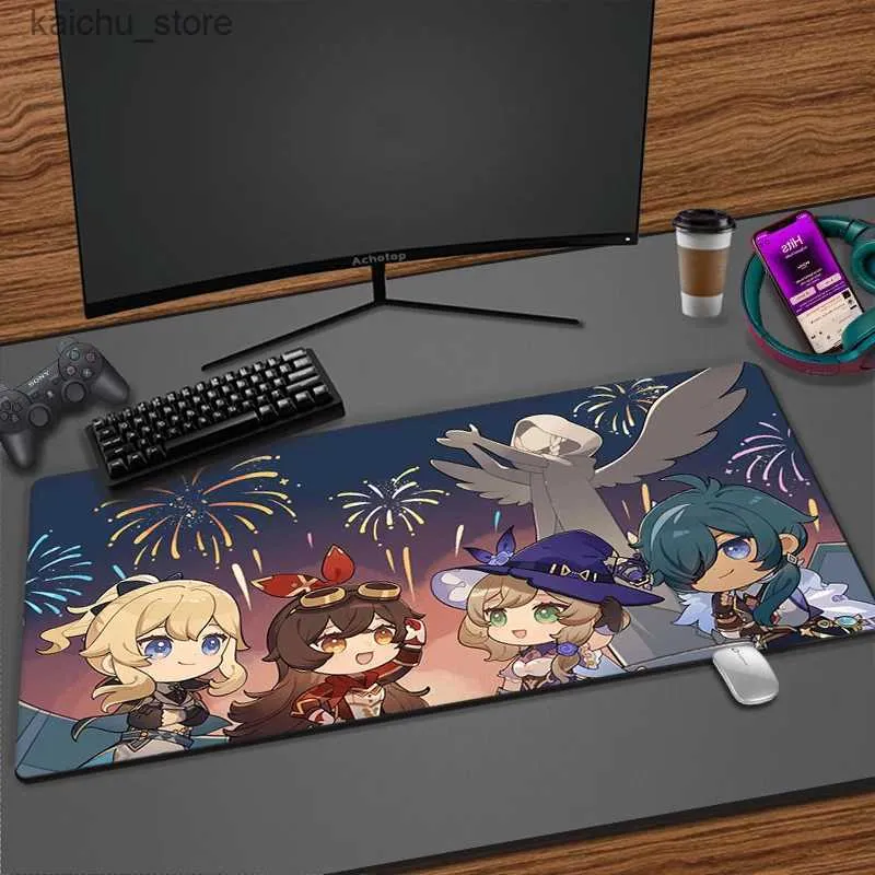 Maus-Pads Handgelenk PC Gamer Maus-Pad Große Gaming Anti-Slip Overlock Soft Deskmat Laptop Anime Genimpace Impact Mousepad 900x400mm Teppiche Schreibtischmatte Y240419