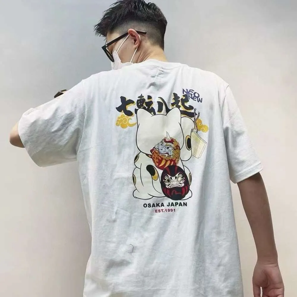 2024 Plate Original Label Trendy Brand EV Fushen Zhaocai Cat Shrine Damo Printing Leisure Short T-Shirt Half Sleeved Top 302037