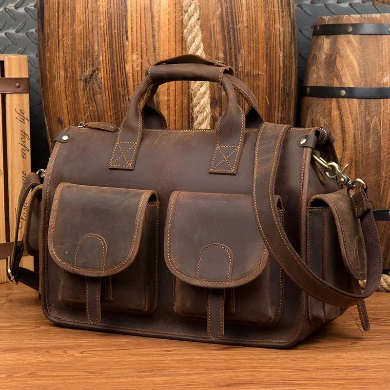 Briefcases Men Bag Top Grade Men's Genuine Leather Briefcase Handbags Crazy Horse Hand Thick Real Shoulder