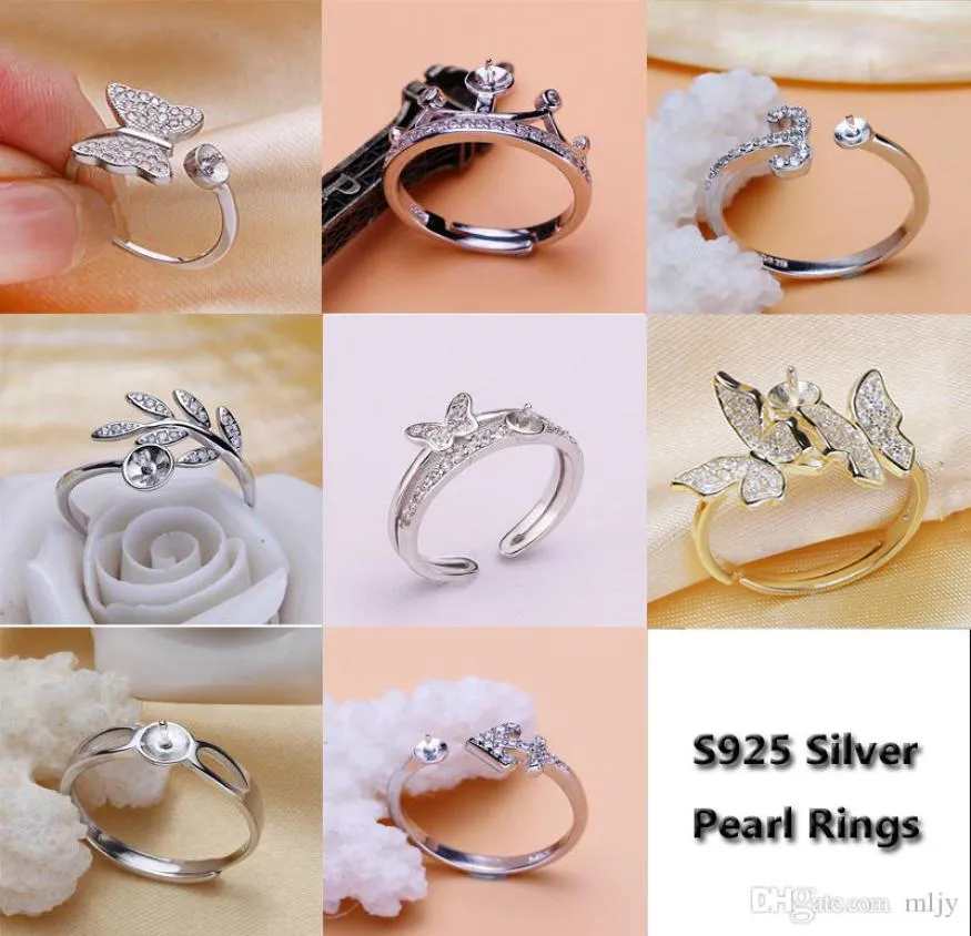 Shinypearl Ring Seting Zircon Solid Silver 925 ringar Ställa in pärlringar monteringsring tomma diy smycken diy gåva 8 stilar7490559