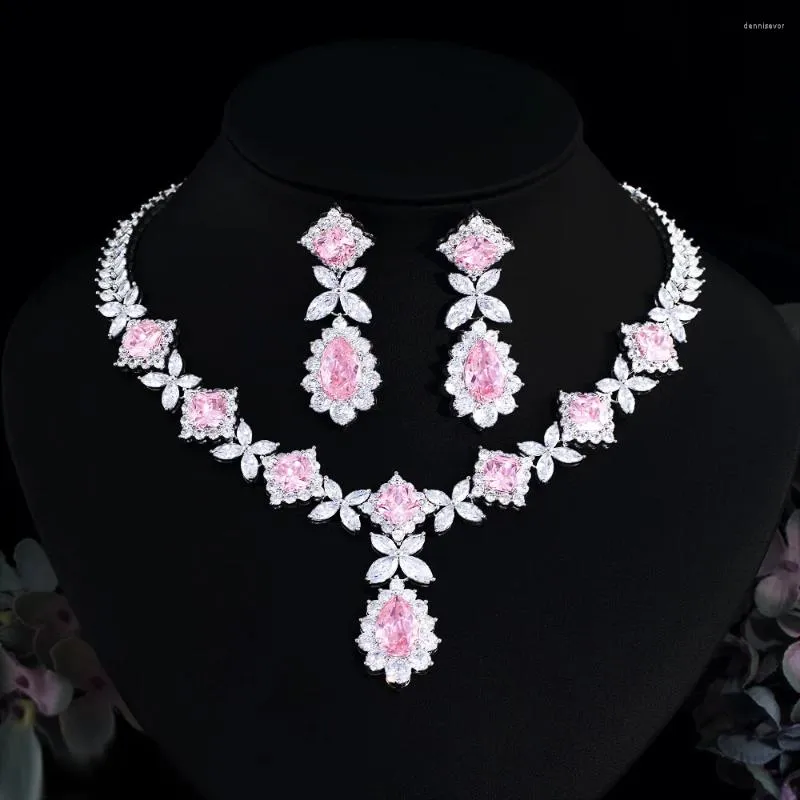 Necklace Earrings Set ThreeGraces Elegant Shiny Pink Cubic