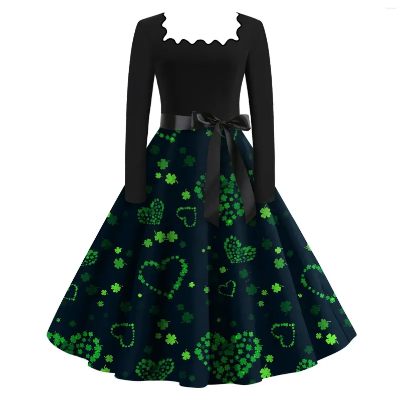 Casual Dresses Fashion For Women Vintage St. Patrick's Day Robe Swing Elegant Party Dress Slim Fit Clovers Print Sundress Femme