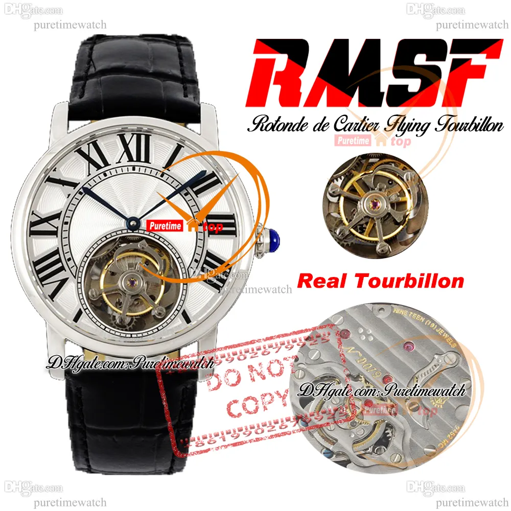 Rotonde Flying Tourbillon Automatic Mens Watch RMSF Steel Case Silver Black Roman Dial Leather Riem Super Edition Horloges Reloj Hombre Montre Puretime Ptcar