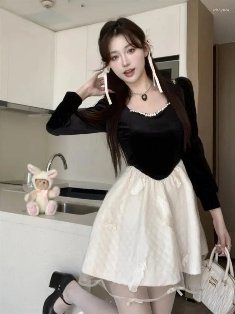 Casual Dresses Woman Large Size Splicing Square Neck Long Sleeve Sub French Style Senior Sense Chic Sweet Princess Tutu 2024 Autumn