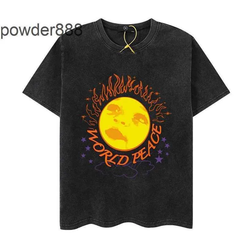 24SS High Street Trendy Half Manched Sun Baby Cartoon Imprimé en détresse Wash Hip-Hop Short T-shirt