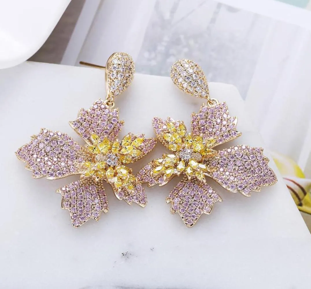 Luxury Flower Drop Earrings Fashion Petal Design Paved Colorful Zircon Earrings for Women XIUMEIYIZU New Jewelry Export Brazil T209830398