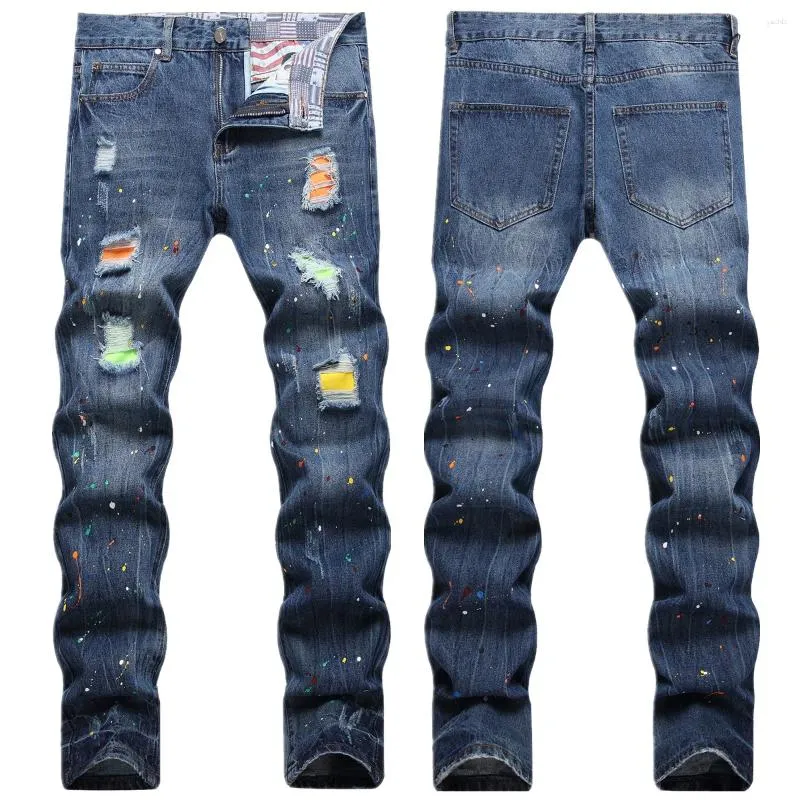 Мужские брюки для джинсов по пересеченной границе осени разорванная патч модная бренда с тонкой краской Shake Shake маленькая нога