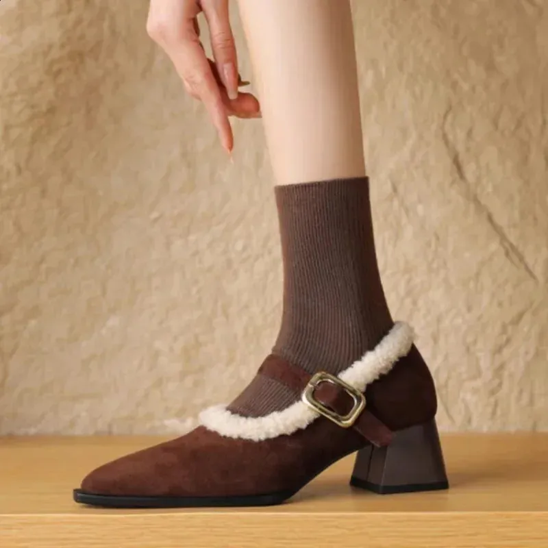 Wholesale Leather Mary Jane Heels Womens Elegant Low Heel Dress Shoes With  Chic Metal Buckle, Winter Warm Plush Belt Pumps For Women At Only $31.77 |  DHgate.Com