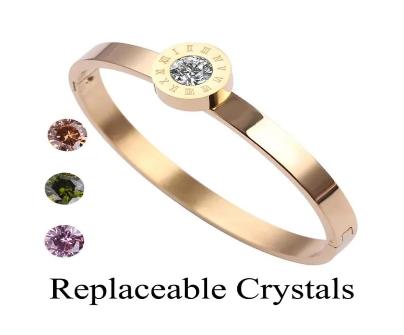 New Classic Design Replaceable Crystals 6cm Zircon Steel Roman Numerals Bracelets Bangles Women Fashion Jewelry Bangles6236356