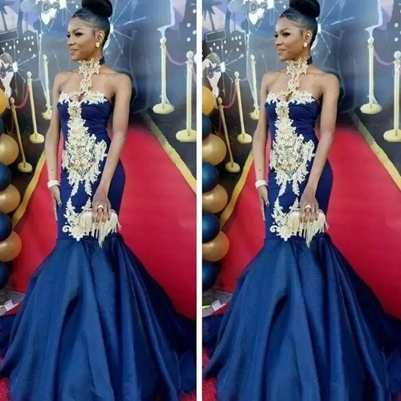 2024 Blue Royal African Girl Robes Sirène Satin Satin Gold Lace Applique Listed Boue de soirée Custom MakEd