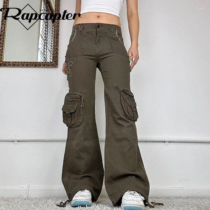 Jeans pour femmes rapcopter floral vintage cargo poches bandage streetwear harajuku pantalon féminin pantalon de fermeture éclair occasionnel