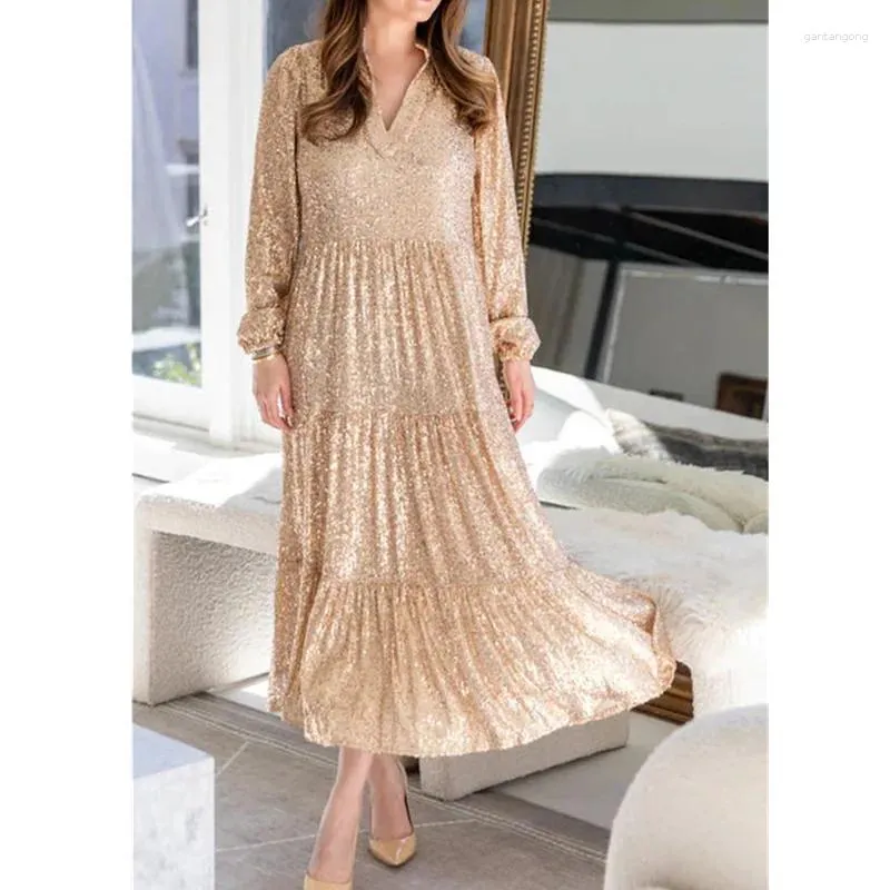 Casual Dresses Women paljetter Splice Dress Full Sleeve V Neck A Line Evening Party Solid Long Kirts Office Lady Autumn