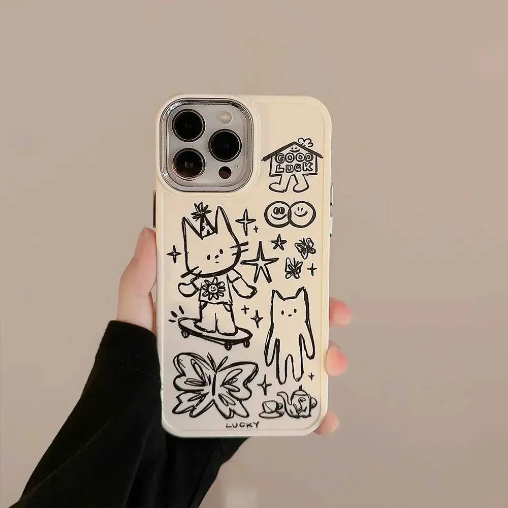 Cajas de teléfonos celulares Doceto de dibujos animados Graffiti Animal Lcuky Cat Butterfly Cover Soft Cover iPhone 15 14 13 12 Pro Max 7 8 Plus XR XS Caso a prueba de choques J240418