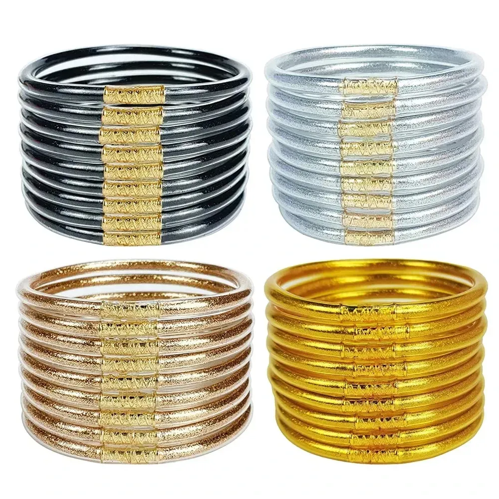 Bangle Bangle 9piece glittrande och stapelbar gelérör Plastarmband Set lämpligt för kvinnor som fyller silikon Lättvitklockor Girl