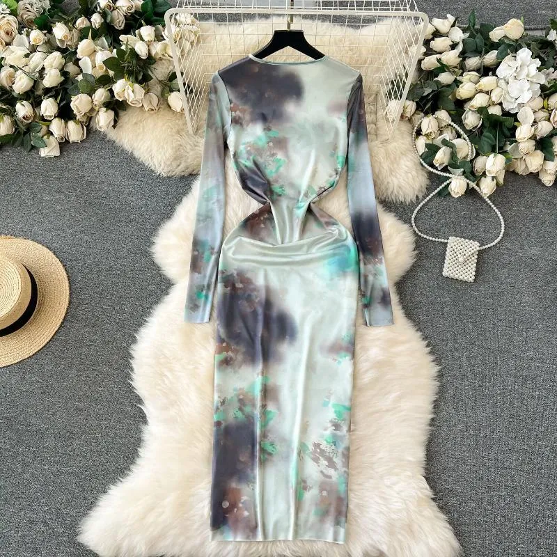 Product Title: Casual Dresses Foamlina Spring Fashion Tie Dye Print Bodycon Dress Women O Neck Long Sleeve Slim Stretch Maxi Elegant ClothesProduct