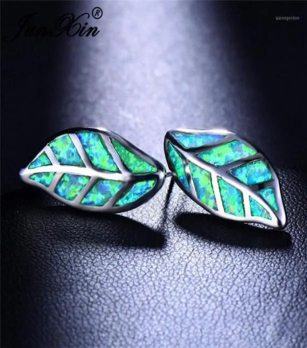 Stud JUNXIN Charm Plant Tree Leaf Earrings For Women Silver Color Green White Blue Fire Opal Wedding Gift17367070