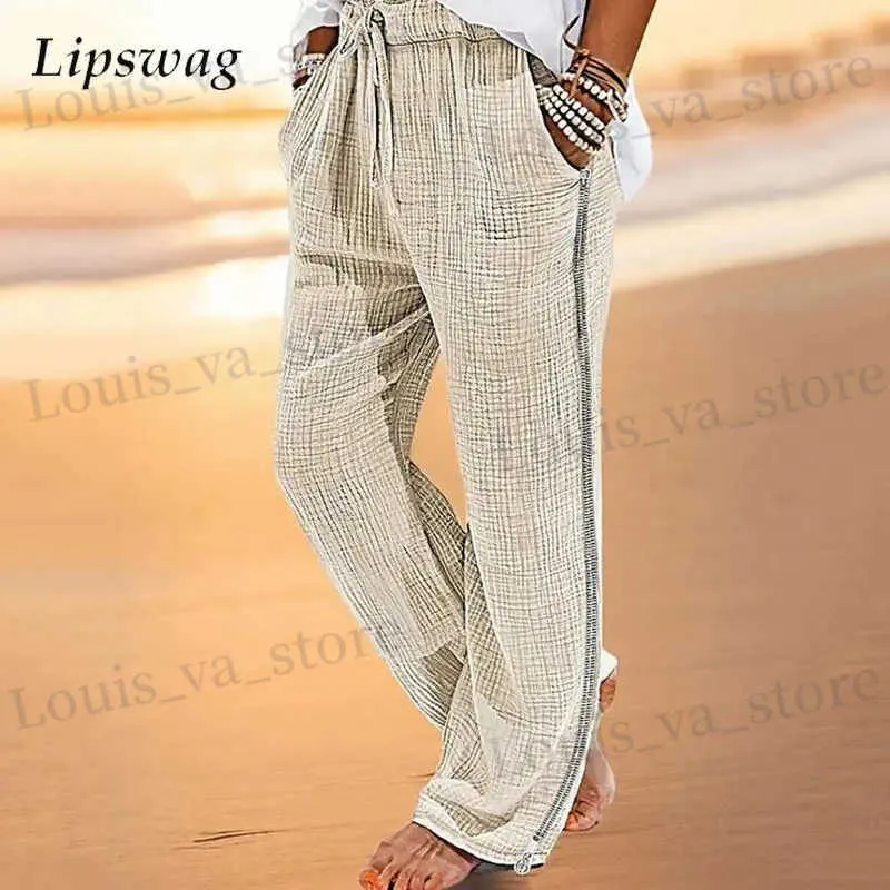 Men's Pants Bohemian Style Casual Pants Men Vintage Pleated Cotton Linen Thin Trousers Fall Mens Clothing Fashion Side Zip-up Straight Pants T240419