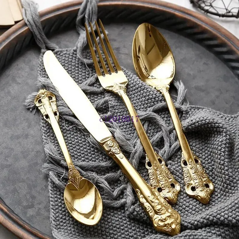 Vintage Western Gold Plated Cutlery Dining Knives Forks Teaspoons Set Golden Luxury Dinnerware Engraving Tableware