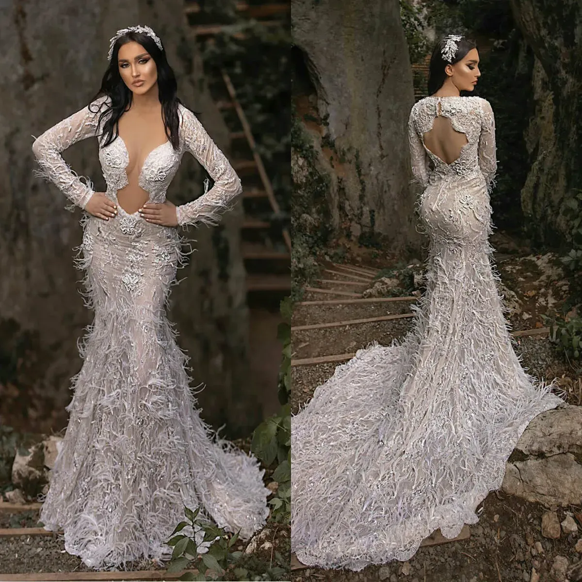 2024 Mermaid Wedding Jurken Lange mouwen Holle rug Bruidsjurken Custom Made Lace Appliques Feather Sweep Train Truppel jurk