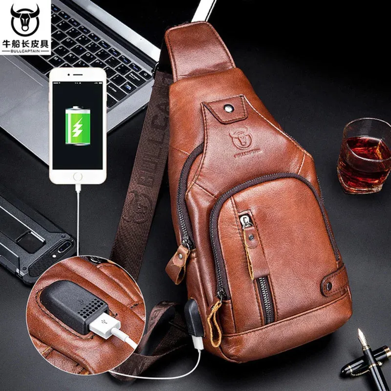 100% Cowhide Leather Casual Fashion Crossbody Chest Bag Mens Leather Bag USB Laddning Travel Axel Dagspack Male 240407