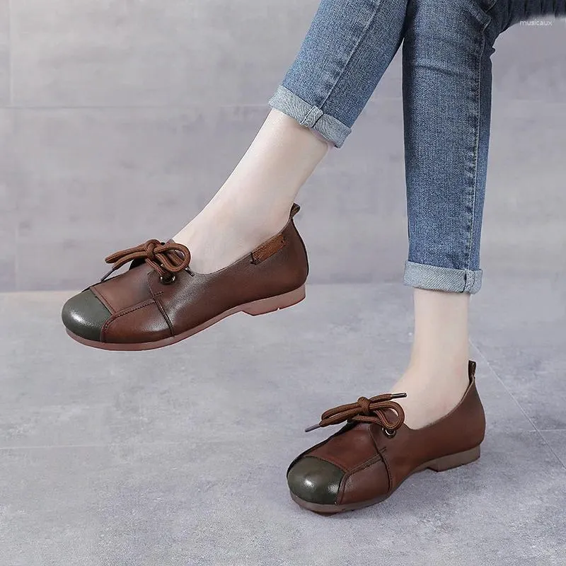 Casual Shoes Autumn Style Single Women's Flat-Heeled First Layer Cowhide Thin Retro Soft-Soled Leather