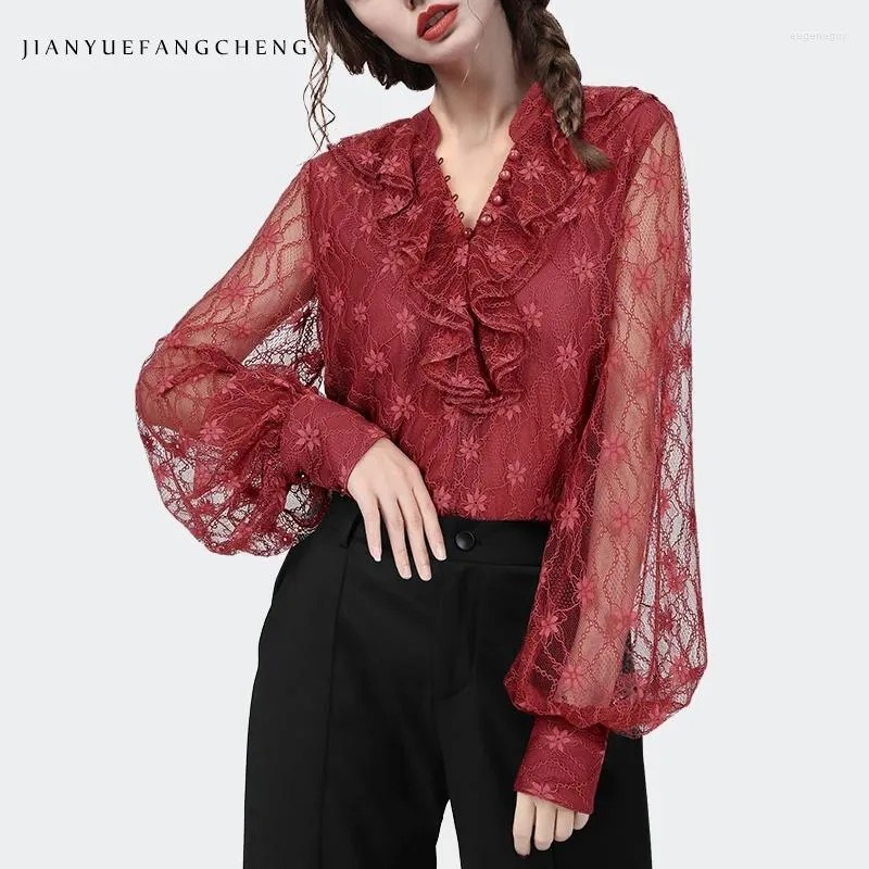 Women's Blouses Lantern Sleeve Hollow Out Red Lace Blouse Women Spring Summer V-Neck Ruffles Tops Elegant Vintage Loose Plus Size Floral