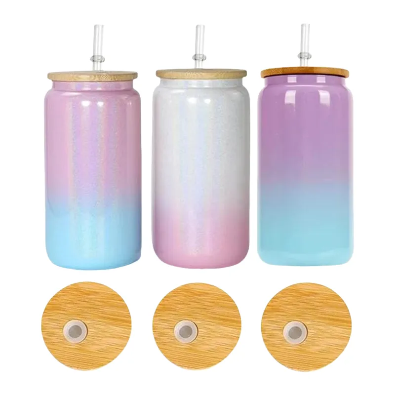 16oz Sublimation Shimmer Glitter Glass Cups Rainbow Gradient Tumbler Holographic Juice Jar Beverage Drinking Beer Can Cups Iced Coffee Mugs With Bamboo Lids & Straws