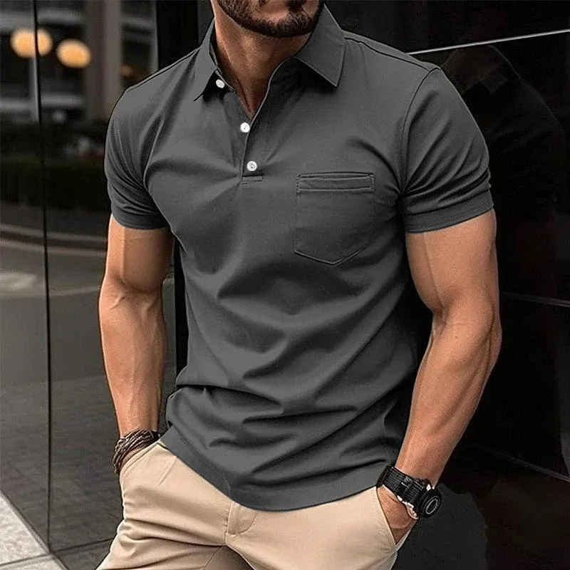 Men New Summer Short Sleeve Casual Pure Color Lapel Polo Shirt with Pocket . 240415