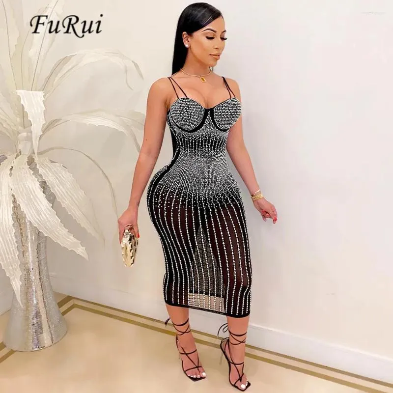 Casual Dresses Fu Rui Beautiful Crystal Studded Midi Dress For Women Sparkle Spagetti Straps Bodycon Sequin Party Birthday Outfits