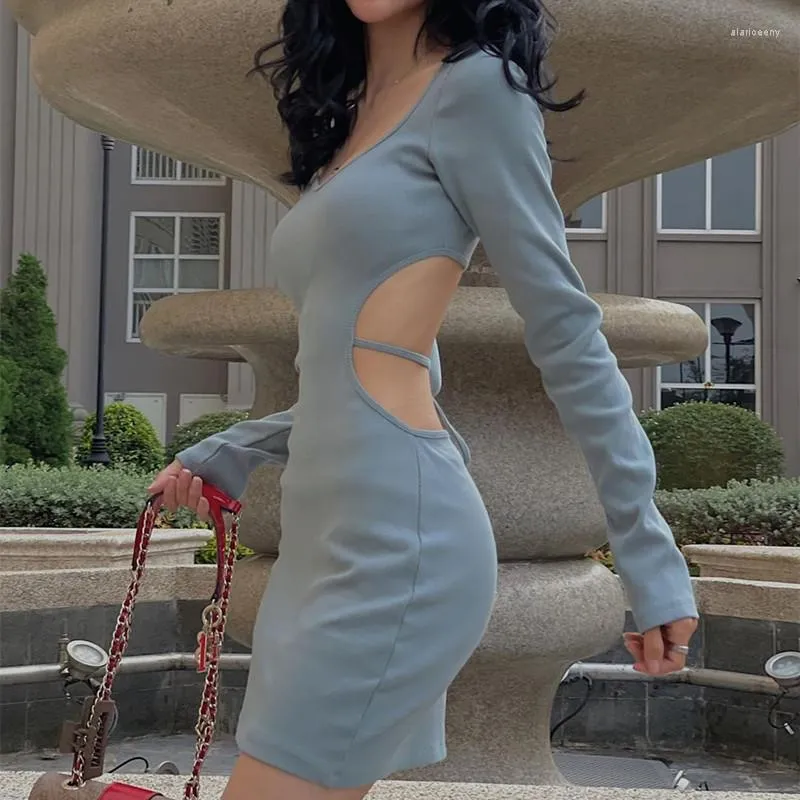 Casual jurken Instagram Slim Fit Slimming lange mouwen V-hals zijkant uitgesneden jurk