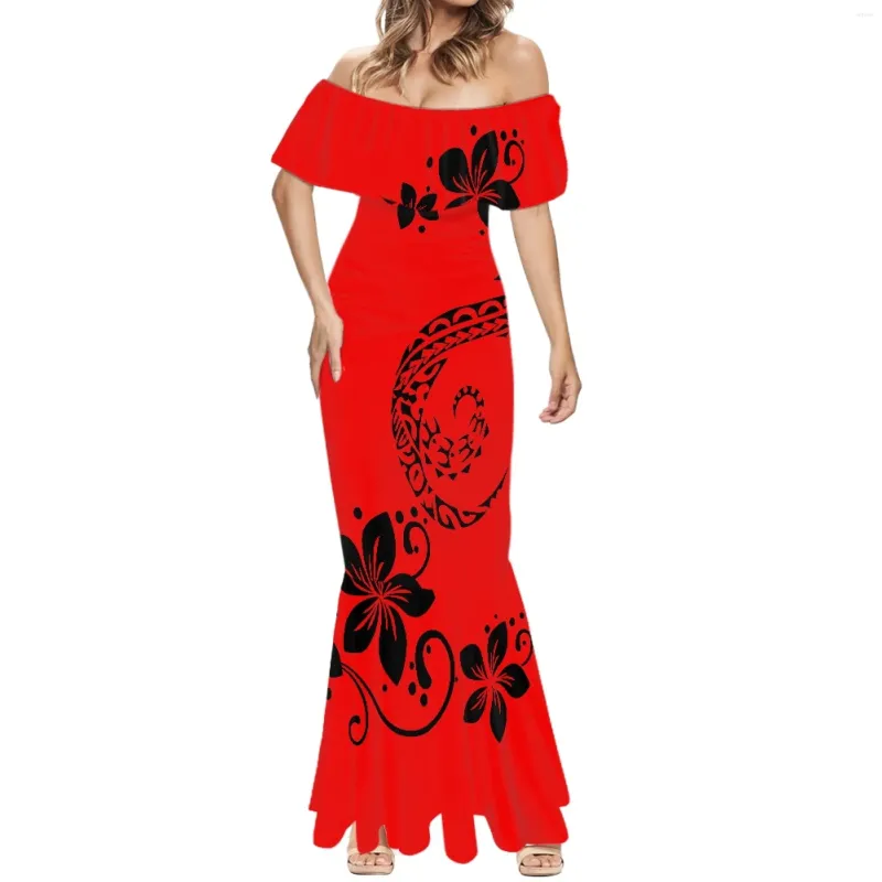 Casual Dresses Vintage Style Polynesian Print Women's Off-The-Shoulder Dress High Quality Short Sleeve Ladies Wedding Formal Occasions