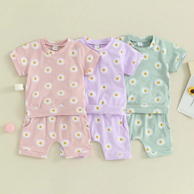 Ensembles de vêtements 2pcs Baby Girls Summer Turnits Set Cotton Coton Casual Short Sleeve Daisy Print Tops Shorts Short pour tout-petit