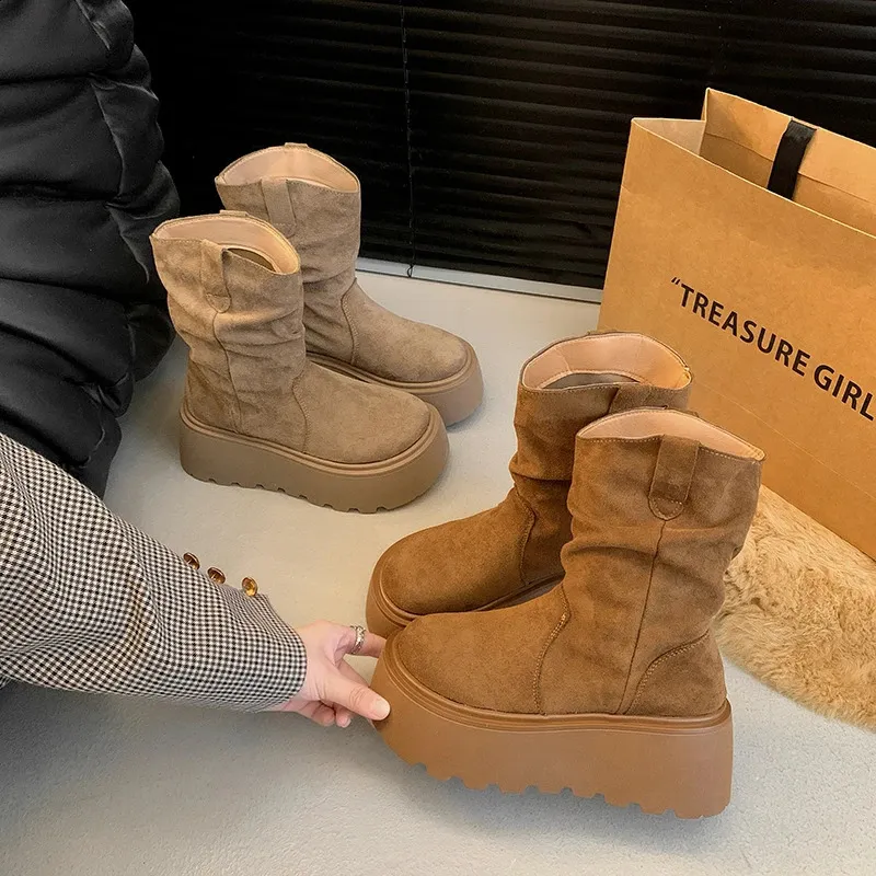 Suede Platform Ankle Boots For Women Mid Heel Walking Shoes Non Slip_voghion.com